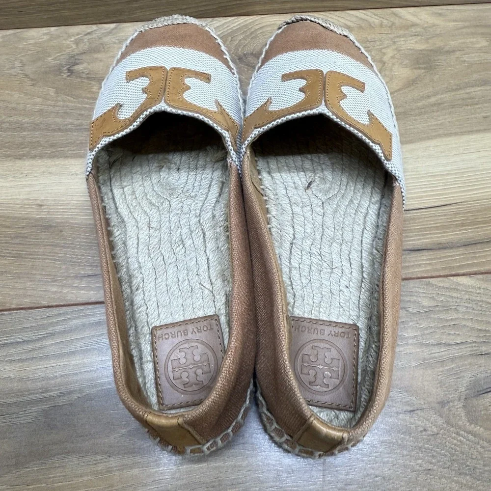 Tory Burch Cream and Tan Canvas Espadrilles with Logo Trim